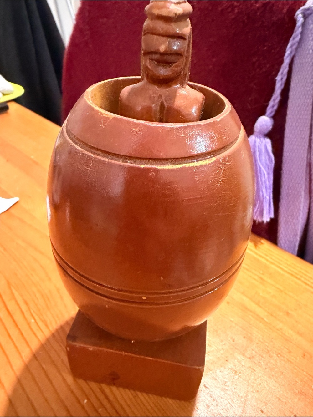 Handcrafted Brown Wooden Barrel Sculpture with Figurine - Home Art